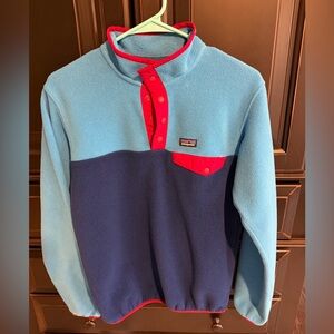 Patagonia Boys Zip Up Sweater - Light Blue and Navy with Red Accents